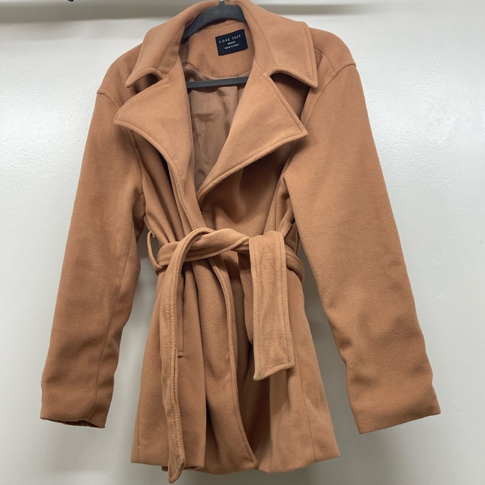 Love Tree Car Coat Tan Belted Women's Coat Medium Weight Strolling thru Nature